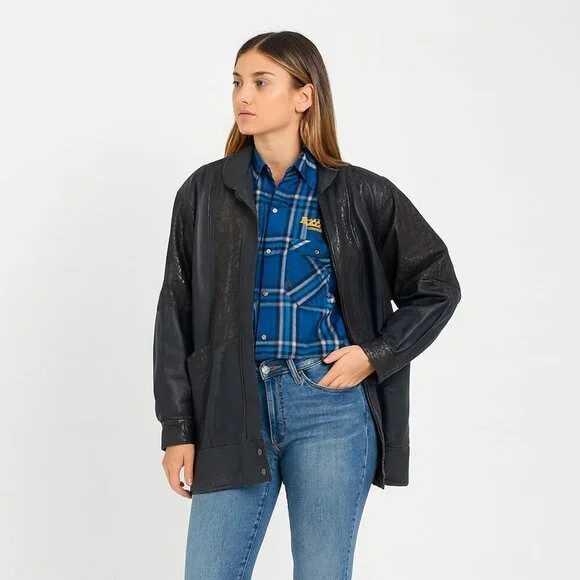 Vtg Oscar Leopold Deep Navy Animal Print Panels Retro Genuine Leather Jacket P/S - Picture 10 of 11